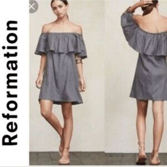 Reformation Tennessee Off-Shoulder Ruffle Mini Dress XS, Made in USA - Picture 9 of 11